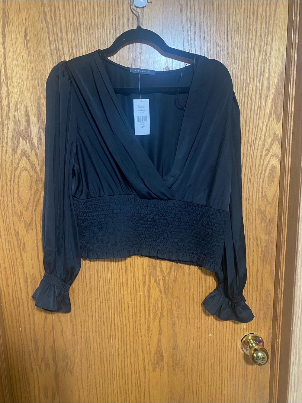 Women's Black V-Neck Smocked Waist Blouse